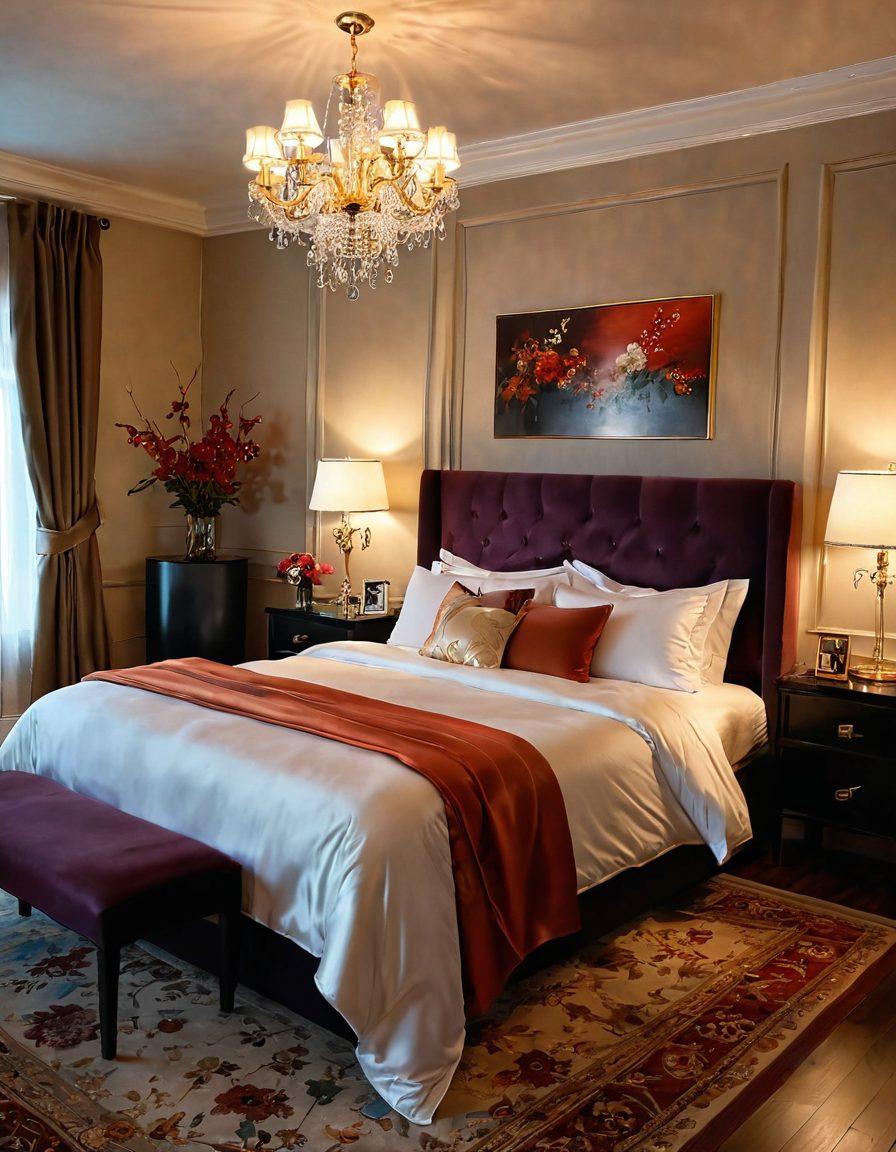 A luxurious bedroom setting with an alluring assortment of adult novelties displayed artistically on a satin-covered bed. Soft, ambient lighting casts shadows, enhancing the seductive atmosphere. Elegant silk sheets and plush pillows create a sensual backdrop, while delicate floral arrangements add a touch of romance. An open, inviting atmosphere to explore desires. super-realistic. vibrant colors. intimate ambiance.