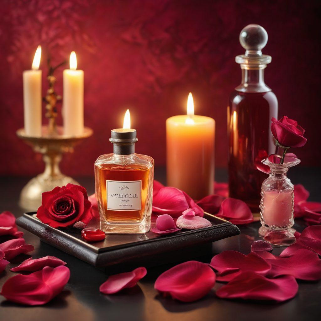 An elegantly arranged table showcasing a variety of luxurious and playful erotic gifts, such as beautifully packaged massage oils, sensual candles, and soft silk blindfolds. The background features dim, ambient lighting that enhances the intimate atmosphere, while scattered rose petals add a romantic touch. A pair of delicate hands are reaching out to explore these enticing items, implying curiosity and allure. The overall composition is inviting and suggestive, creating an atmosphere for unlocking secrets of sensuality. seductive and warm tones. soft focus.