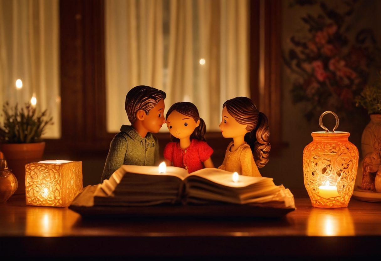 A cozy, intimate setting featuring a beautifully arranged display of colorful couples' toys and romantic gifts, surrounded by soft candlelight and warm textures. Incorporate silhouettes of a couple joyfully embracing in the background, with hints of playful accessories blending into the scene. The atmosphere should evoke warmth, love, and passion, inviting readers to explore deeper connections. warm tones. super-realistic. soft focus.